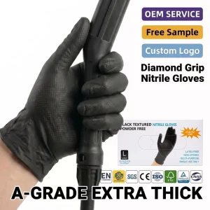 Heavy Duty 8Mil Nitrile Gloves Soft Food Contact Grade Waterproof Diamond Grip Powder Free Disposable Black Automotive Repair