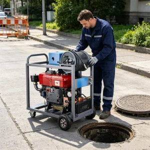 High Efficiency Diesel Pipe Unclogger Dredging Machine Mobile 150Bar Water Jet Drain Cleaner
