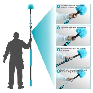 High Reach Cobweb Duster Ceiling Broom Telescopic Aluminium Pole Spider Web Cleaner with Cobweb Brush Metal Material