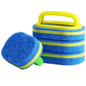Household Cleaning Brushes Kitchen & Bathroom Sponge with Handle Scouring Sponge Pad for Household Commercial Use