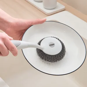 Household Kitchen Cleaning Brushes Steel Wire Ball with Handle Pot Cleaning Dishwashing Tool