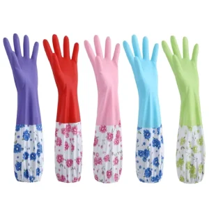 Household Laundry Dishwashing Kitchen Bathroom Wet Cleaning Janitorial Floral Long Cuff Waterproof Anti Slip Grip Latex Gloves