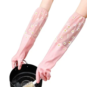 Housework Dishwashing Gloves Winter Kitchen Rubber Plus Velvet Thick Non Slip Durable Clean Waterproof Laundry Daisy Floral