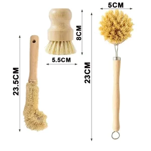 Kitchen Cleaning Brush Sisal Palm Nan Bamboo Wood Short Handle Disc Dishwashing Pot Brush Accepts Logo Engraving