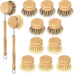 Kitchen Dish Brush Set Bamboo Scrub Brush Long Handle Dish Scrubber and Replacement Pot Brush Heads