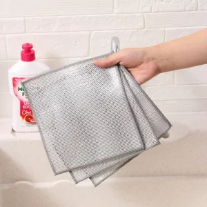 Kitchen Dishwashing Cloth Double Layer Square Silver Wire Reusable Non Scratch Polyester Dish Towels for Scrubbing