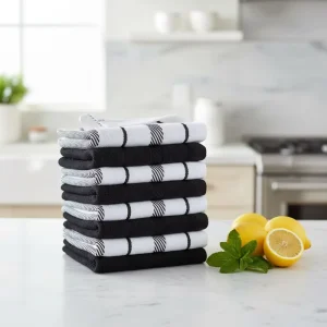 Kitchen Towels Set Super Absorbent Lint Free Cleaning Cloths for Dishes Countertops & Ovens Black White Design