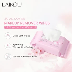 Laikou Japan Sakura Makeup Remover Wipes Niacinamide Hyaluronic Acid Without Dry Feelings 15*20cm 25pcs pack