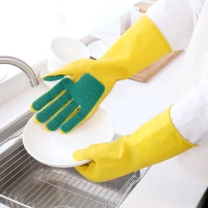 Long Cuff Latex Reusable Waterproof Textured Fingertips Household Cleaning Gloves with Scouring Pad for Kitchen Dish Washing