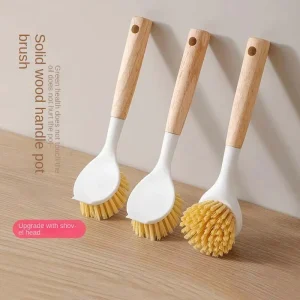 Long Handle Household Kitchen Wok Cleaning Brush Plastic Bristle Material Sponge Design Wooden Handle Stain Cleaning Brush