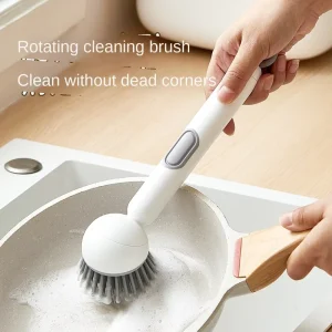 Long Handle Plastic Liquid Adding Rotating Pot Brush for Kitchen Use Multifunctional Cleaning Brush Household