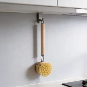 Long Handled Kitchen Brush Non Slip Wood Handle Reusable Heavy Duty Scrubber With Hang Hole for Pan Pot Bowl Washing