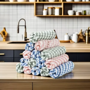 Microfiber Cationic Striped Kitchen Cleaning Towel Eco Friendly Cut Edge Coral Velvet Brush Bowl Cloth 30g