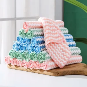 Microfiber Kitchen Cleaning Cloth Modern Style Coral Fleece Absorbent Striped Hand Towel Oil Free Wipe Scrubbing Cloth