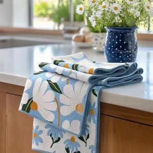 Microfiber Waffle Weave Kitchen Towels Floral Print Absorbent Soft Durable Dish Cloths for Kitchen Cleaning Reusable Lint Free