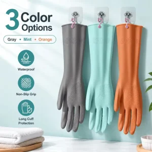Multi Color Latex Cleaning Gloves With Hanging Hook Long Cuff Waterproof Non Slip Dishwashing Household Gloves