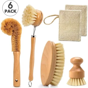 Natural Coconut Sisal Palm Fiber Compostable Bamboo Wood Kitchen Dish Brush Set Dish Cleaning Brush Pot Kitchen Scrub Brush Set