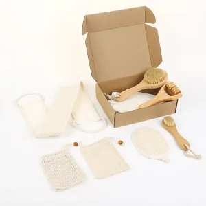 Natural Eco Friendly Five piece Spa Set Bamboo Brush Massager Soap Bag Bath Belt Bath Glove Face Cleaning Pad Bathroom Suite