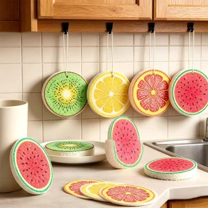 Natural Printing Pattern Fruit Design Household Compressed Cellulose High Absorbent Kitchen Washing Sponge Scouring Pad