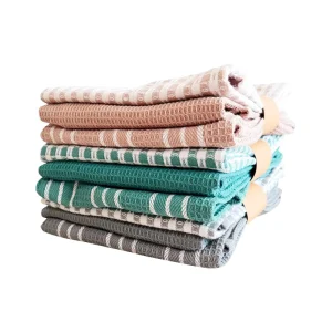 Nordic Style Cotton Kitchen Towel Three Piece Set with Checkered Striped Patterns Square Shape for Home Use