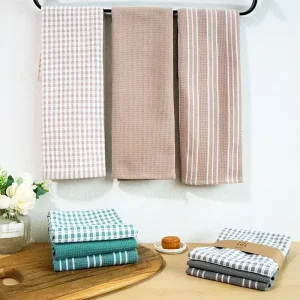 Nordic Style Cotton Kitchen Towel Three Piece Set with Checkered Striped Patterns Square Shape for Home Use
