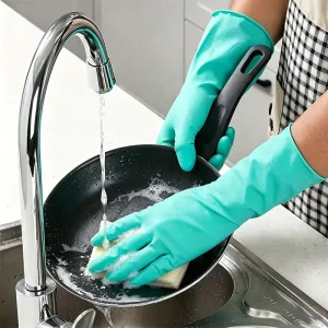 OEM Green Flocked Lined Household Latex Gloves Fish Scale Anti-Slip Palm Rolled Cuff Reusable Cleaning Gloves Luvas Guantes