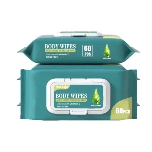 OEM ODM 60pcs Rinse Free Body Wipes Aloe Vera Vitamin E Infused Disposable Moisturizing Cleansing Wet Wipes for Adult Daily Care