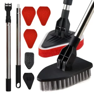 OKKiHOME Telescopic Cleaning Floor Scrubber with Scouring Pads, Extendable Pole for Bathroom Tub Tiles Floor Cleaning