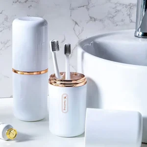 Portable Plastic Gold Plated Travel Wash Cup Mouthwash Brushing Cup Holder Set Toothbrush Storage