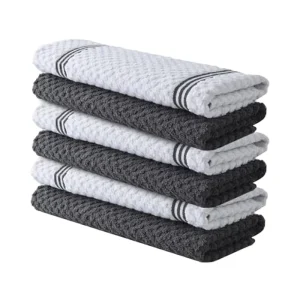 Premium 100% Cotton Kitchen Towels Pack 6 15×25 Inches Absorbent Dish Towels 425 GSM Terry Dishcloth Grey