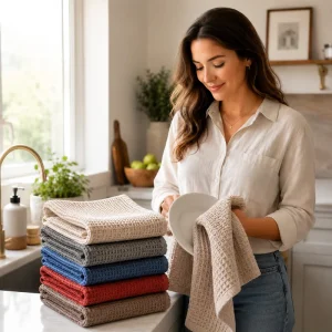 Private Label 100% Cotton 300GSM Reusable Waffle Dish Cloth Bulk Absorbent Washable Soft Thick Kitchen Cleaning Towel