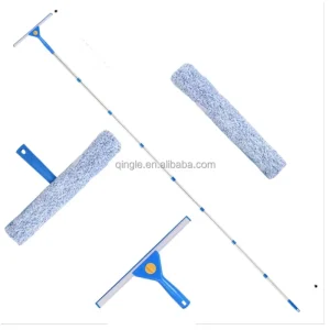 Qingle 2 in 1 Window Cleaning Tool Glass Door Cleaner Long Handle Squeegee for Glass Scraper Wiper With Split Telescopic Pole