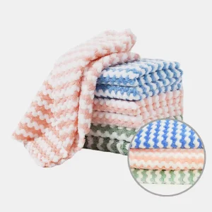 Quick Dry Microfiber Kitchen Towel Warp Knitted Stripe Coral Fleece Square Cleaning Cloth