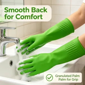 Reusable Non Slip Medium Thickness Comfortable Rubber Gloves Long Sleeve Waterproof Soft Dishwashing for Home Use