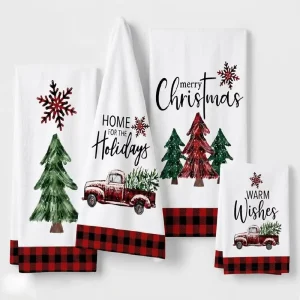 Set 2 Kitchen Towels 42x60cm Christmas Microfiber Dish Towel Durable Festive Pattern Winter Decoration Red Plaid