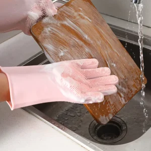 Silicone Dishwashing Gloves Heavy Duty Thin Non Slip Anti Heat Waterproof Kitchen Cleaning Magic Brush Labor Household