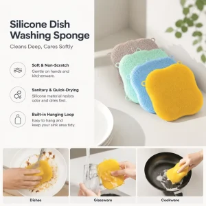 Silicone Eco-Friendly Dishwashing Cleaning Brush with Handle for Kitchen Dishwasher Scrubber
