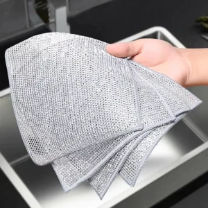 Single Double Layer Scrub Dish Cloth Silver Wire Dish Towel Reusable Household Scrubbing Cleaning Cloth for Kitchen Dish