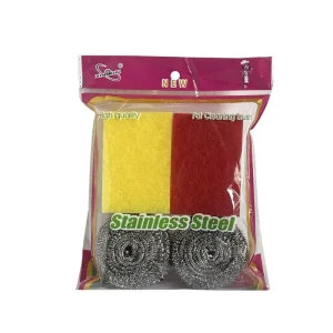 Stainless Steel Non Absorbent Cleaning Set 2+2 Wool Sponge Scrubber for Kitchen Pots and Dishes