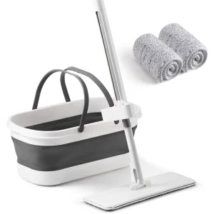 Stainless Steel Telescopic Handle 2 Washable Microfiber Pads Push-Pull Type Flat Mop Floor Cleaning Collapsible Bucket Set