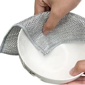 Steel Wire Silver Square Dishcloth Non Scratch Eco Friendly 250gsm 20x20cm Scrubber Towel for Kitchen Dishwashing Cleaning