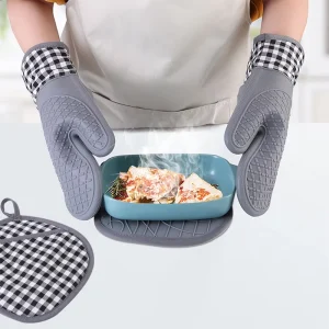 Stock Cotton Food Grade Silicone Heat Resistant Anti-Scald Insulation Gloves Dishwasher Safe for Baking Oven Microwave BBQ