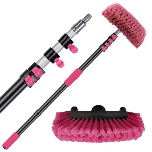 Telescopic Aluminum Car Wash Scrub Brush Soft Pink Nylon Bristle Cleaner for Car RV Truck Home Wall Outdoor Washing