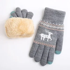Thick Fleece Winter Touchscreen Compatible Full Finger Gloves with Deer Pattern for Household Use