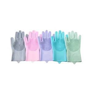 Thick Lightweight Silicone Reusable Waterproof Gloves with Bristles on Palm Grain Texture for Dishwashing Kitchen Household Use