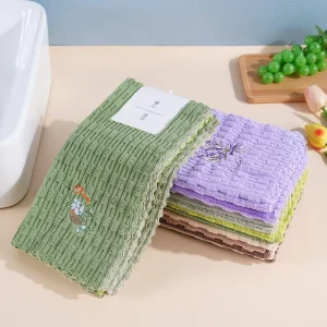 Thickened Coral Fleece Kitchen Dishwashing Cloth Absorbent Lint-Free Square Scouring Pad Embroidered Towel Model Olive
