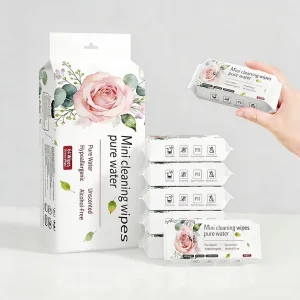 Unscented Mini Cleaning Wipes Pure Water Based Hypoallergenic Hand Cleansing Wipes for Adult 64 Pcs Travel Wet Tissue