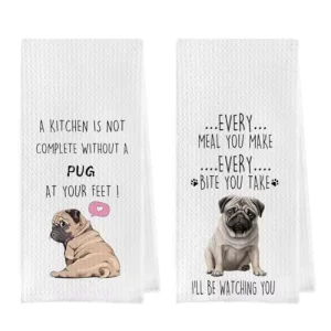 Waffle Weave Polyester Kitchen Towels Set Decorative Hand Tea Towels (16×24 Inch Set 2) Kitchen Bathroom Pug Lover