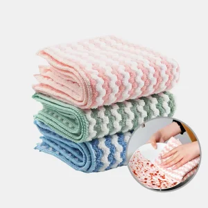 Wave Pattern Coral Fleece Kitchen Cleaning Cloth Super Absorbent Lint Free Microfiber Dish Towel
