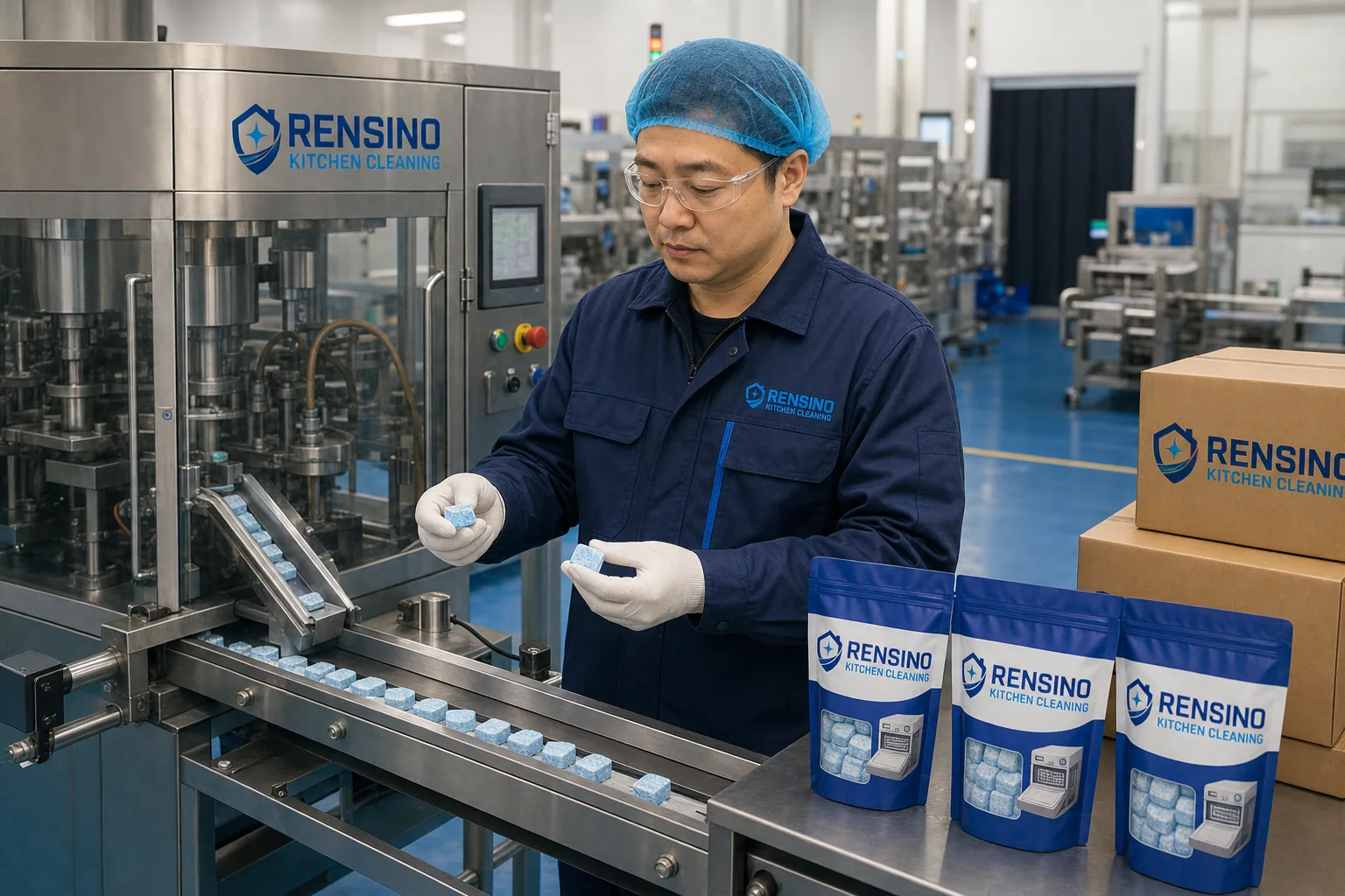 Dishwasher tablet packaging line
